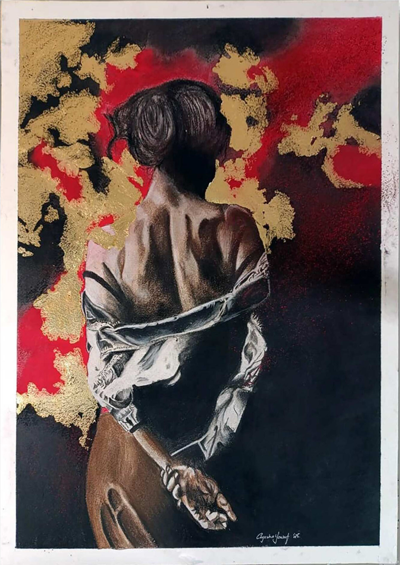 Suman, 2025, Inspired by Savasdan. Soft Pastels and Gold-leaf on MountVal sheet. 34.5" by 26.5" inches, Framed